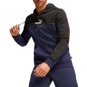 PUMA Men's ESS Block Tape Hoodie Blue Black Colorblock Size M Cotton Blend NWT